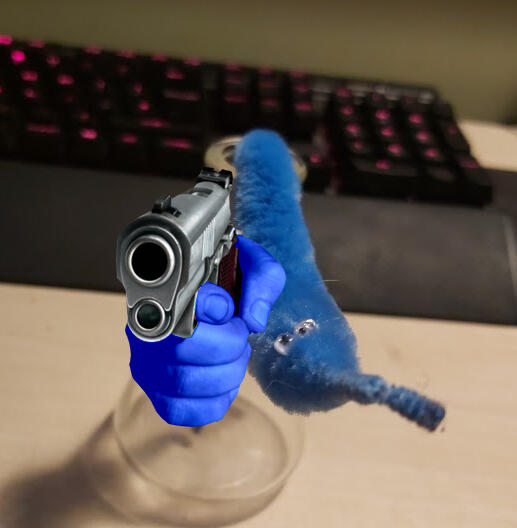 Blue worm on a string with a gun